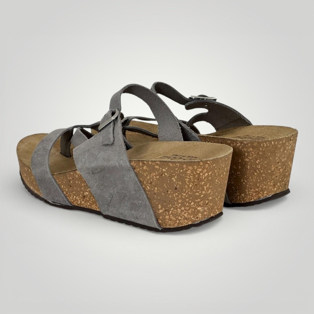 Bio-Gold Gray Suede Cork Wedge Sandals Womens 8 Italy Thong Comfort Shoes - Picture 8 of 14